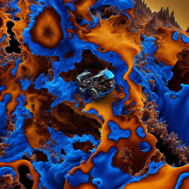 Miniature car on abstract terrain with vivid orange and blue hues