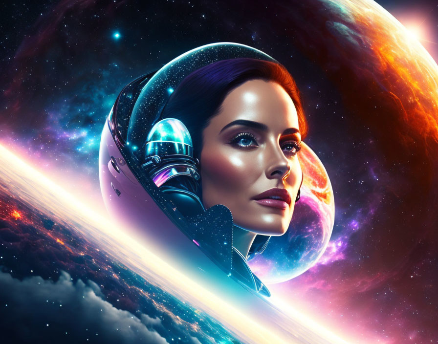 Futuristic female astronaut in stylized helmet against cosmic backdrop