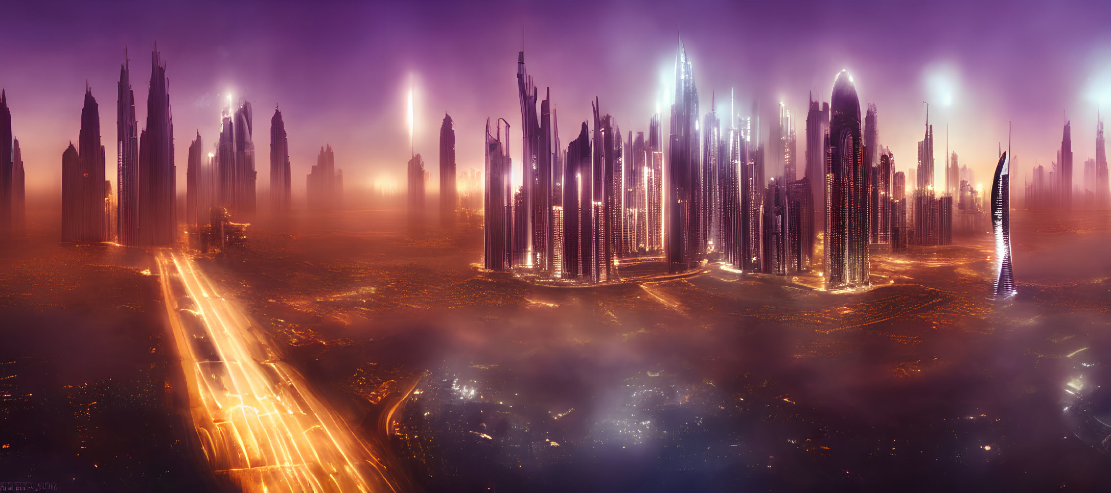 Twilight futuristic cityscape with skyscrapers and illuminated highway