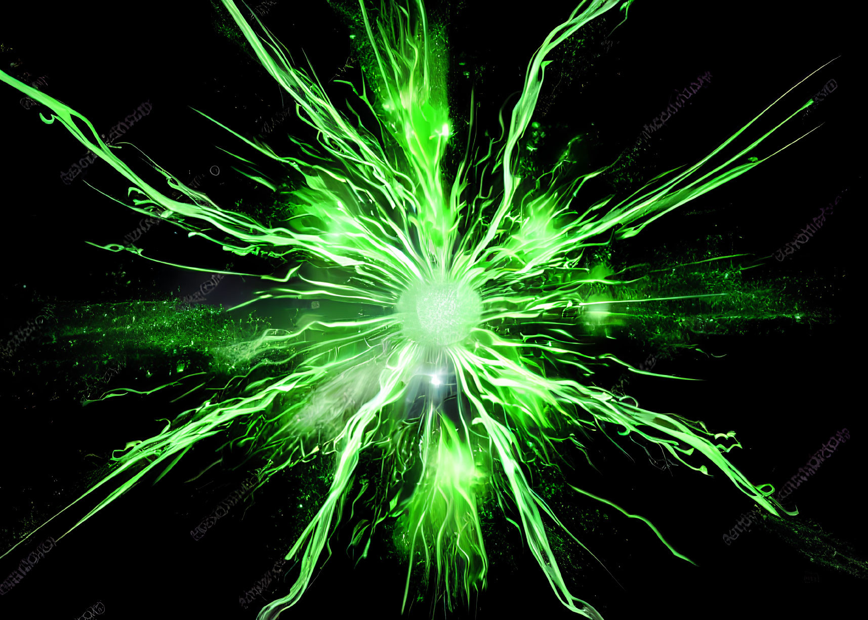 Dynamic Green Energy Burst with Light Streaks on Black Background