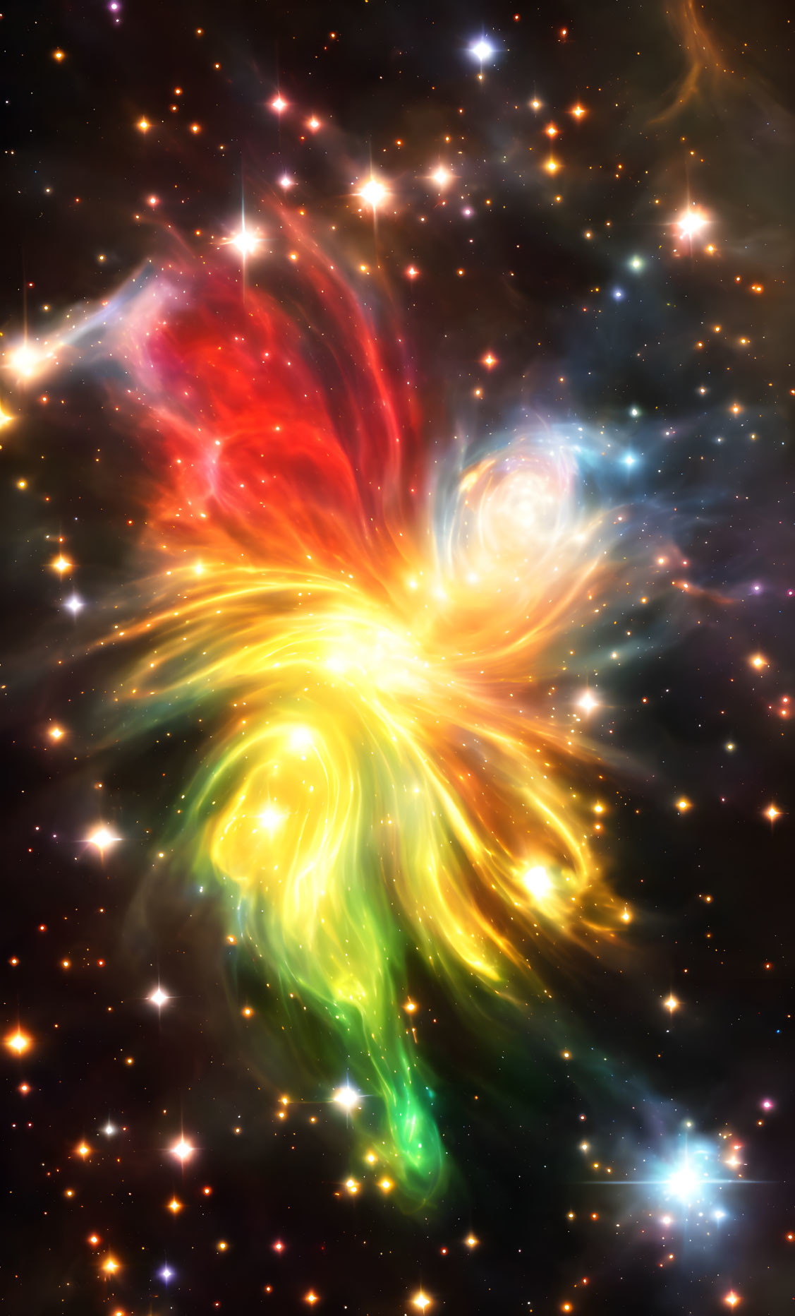 Colorful nebula with red, green, and yellow hues in cosmic phoenix motif