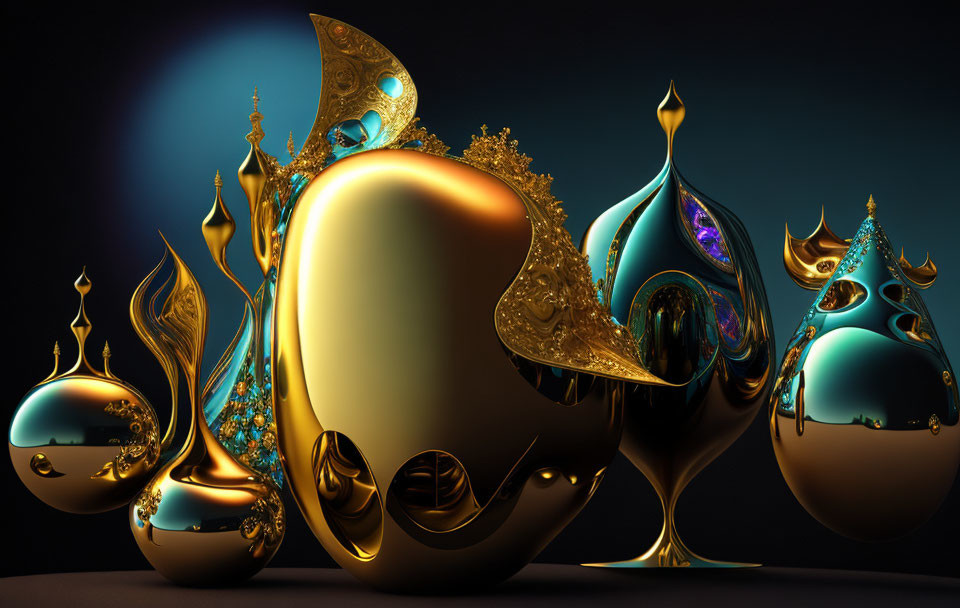 Glossy Gold and Blue 3D Abstract Sculptures on Dark Background