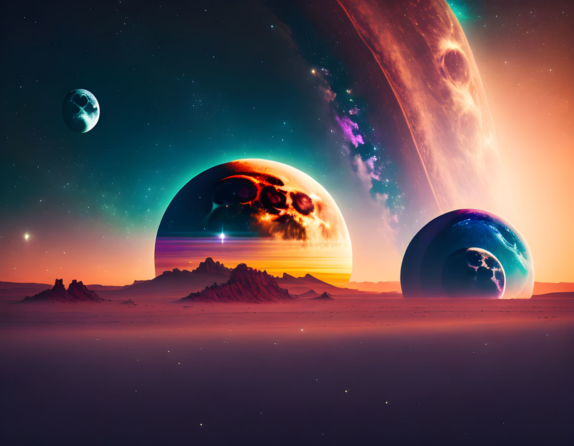 Colorful sci-fi landscape with multiple planets, vibrant skies, and desert foreground