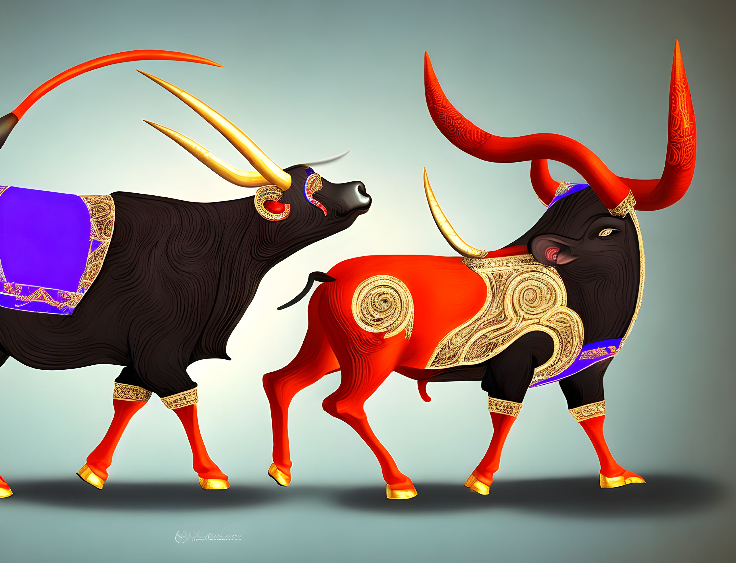 Ornate stylized bulls with golden embellishments on teal background