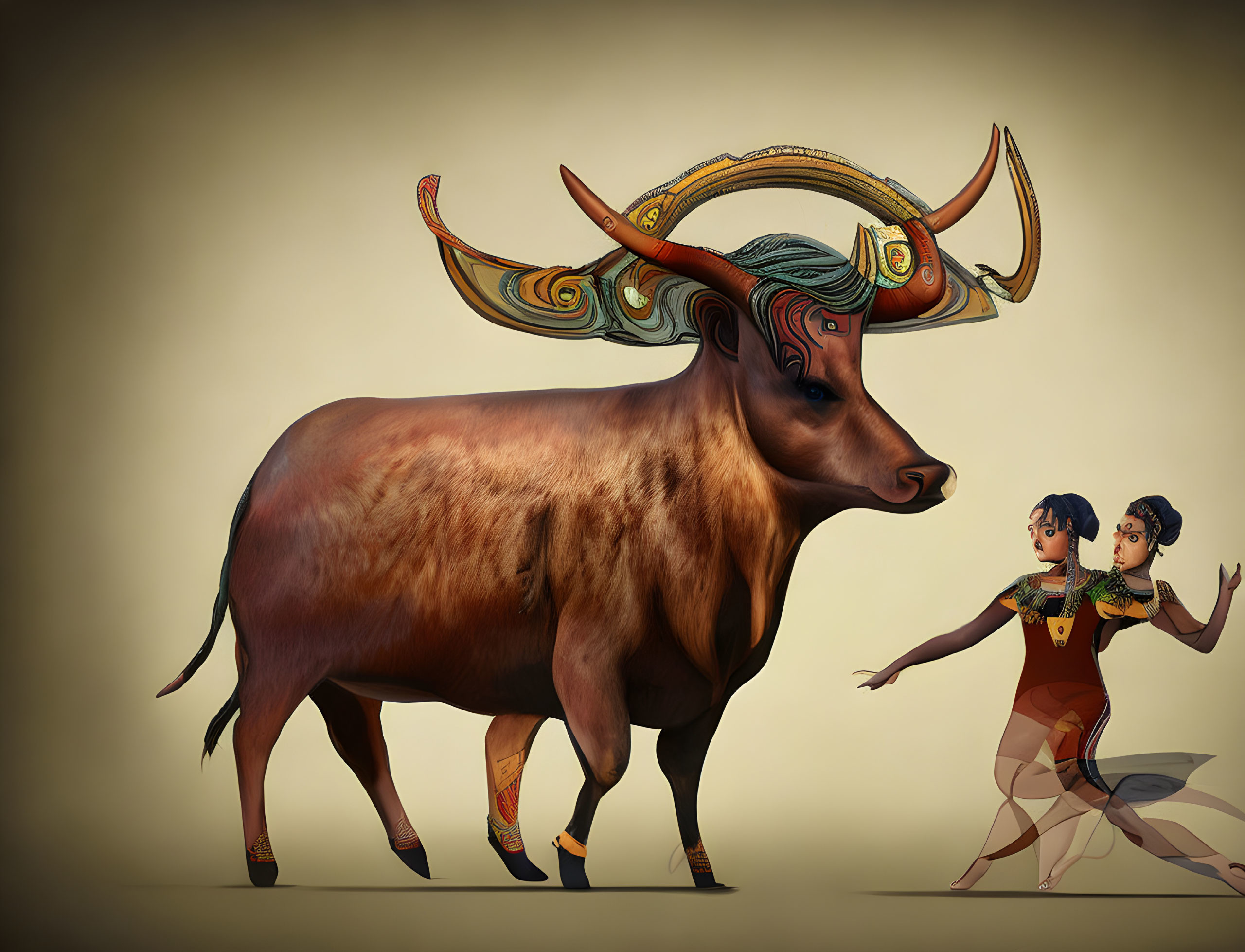 Illustration of two dancers and ornate bull on warm background