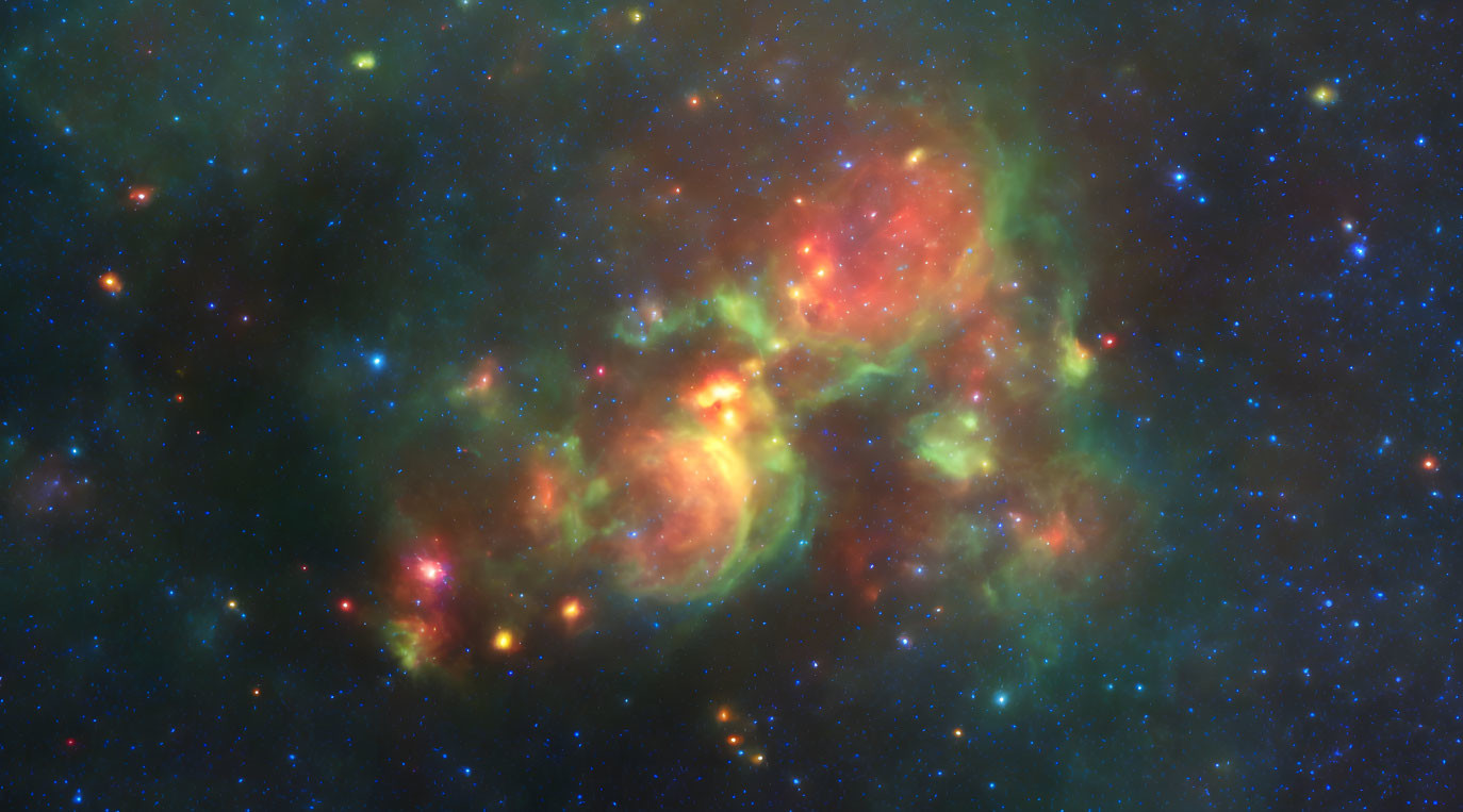 Vibrant cosmic scene: Glowing red and green nebulae with stars in dark space