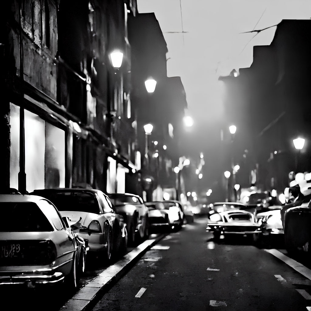 Dimly lit foggy street at night with parked cars and old buildings