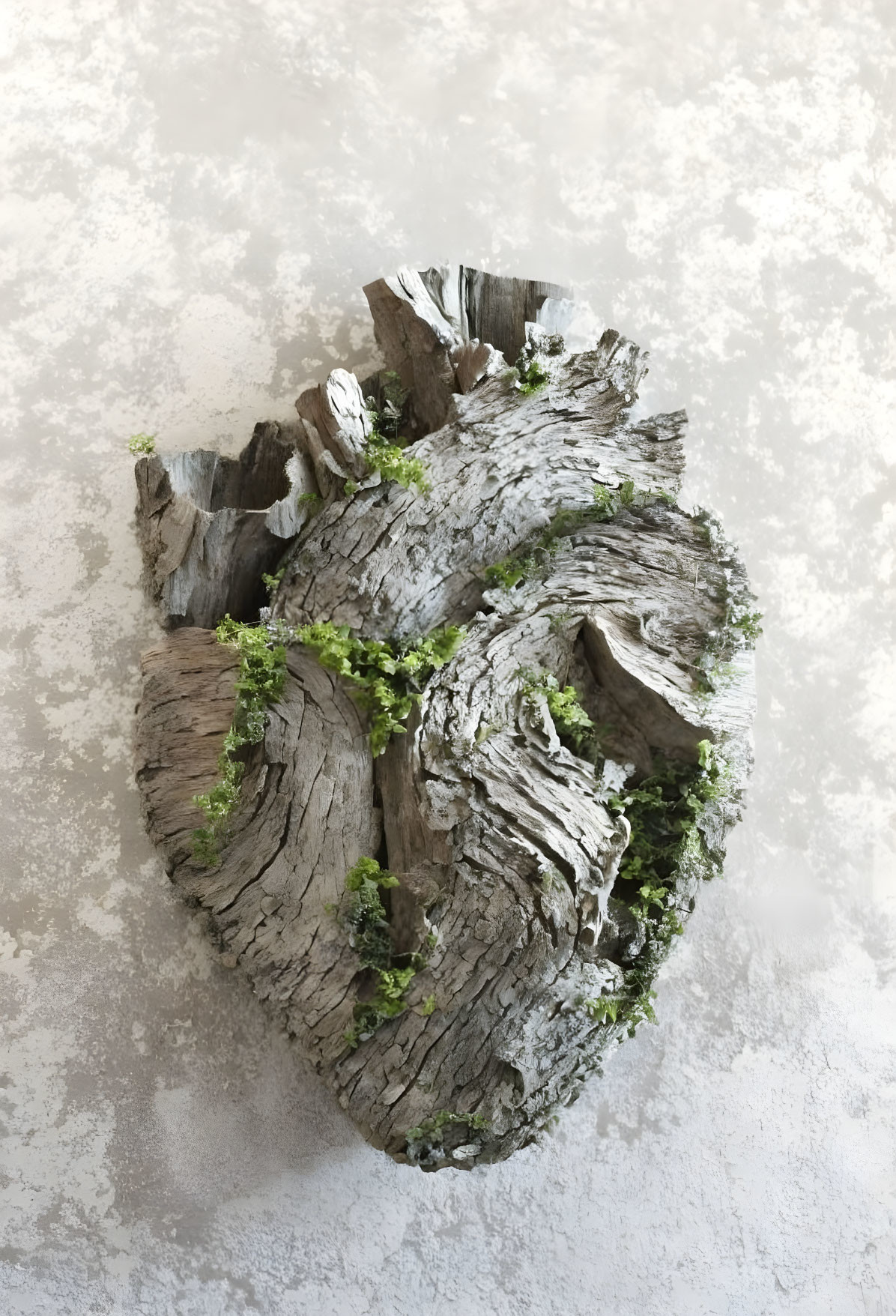 Heart-shaped textured object with wooden details and moss accents on grey background