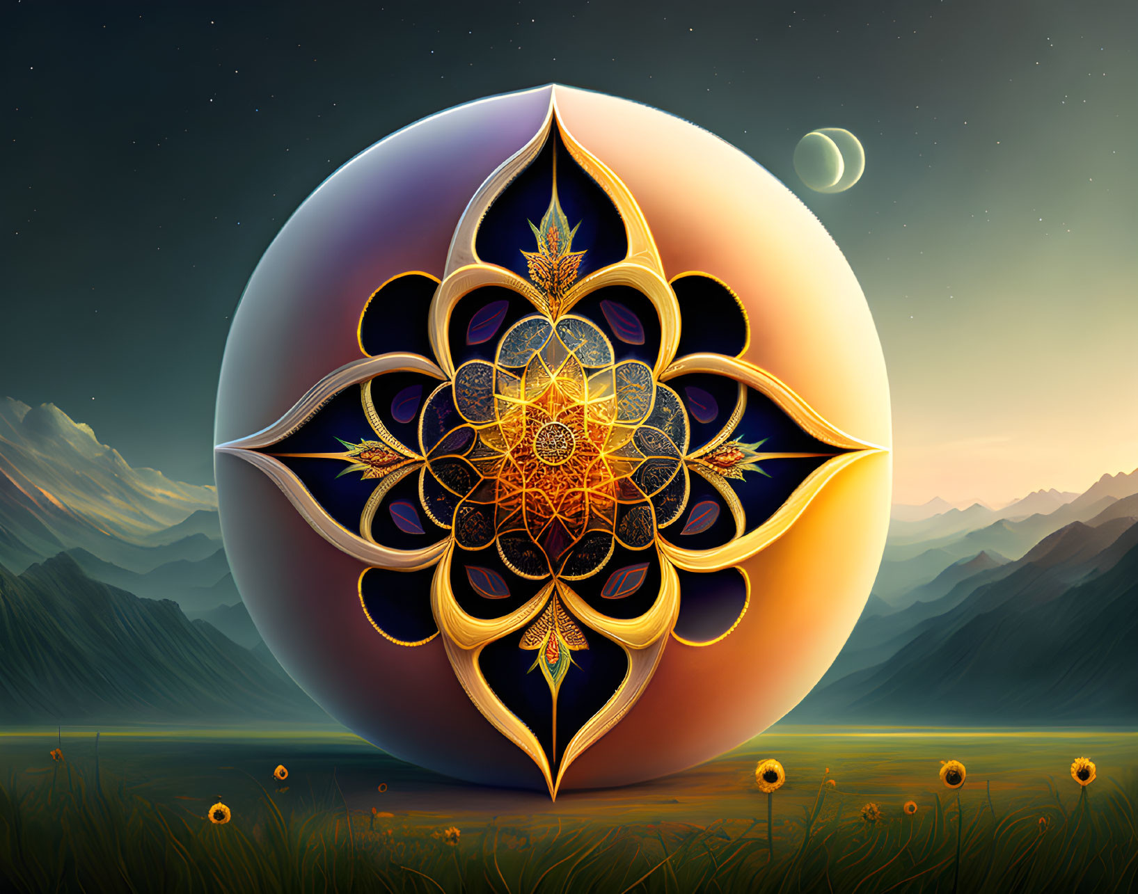 Surreal landscape with mountains, ornate sphere, and crescent moon