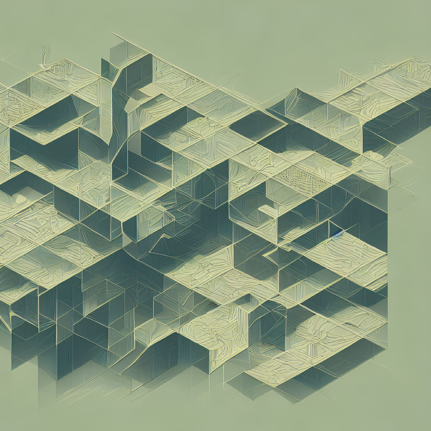 Isometric digital artwork of complex labyrinth structure in green hue