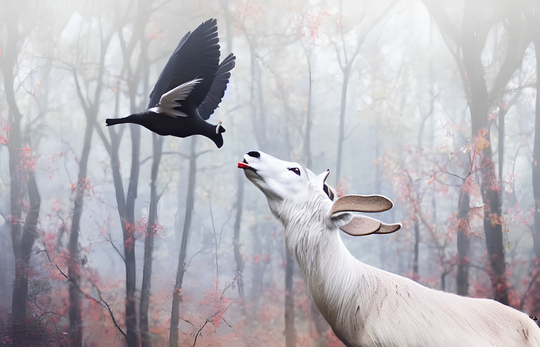 White deer and black bird in misty autumn forest