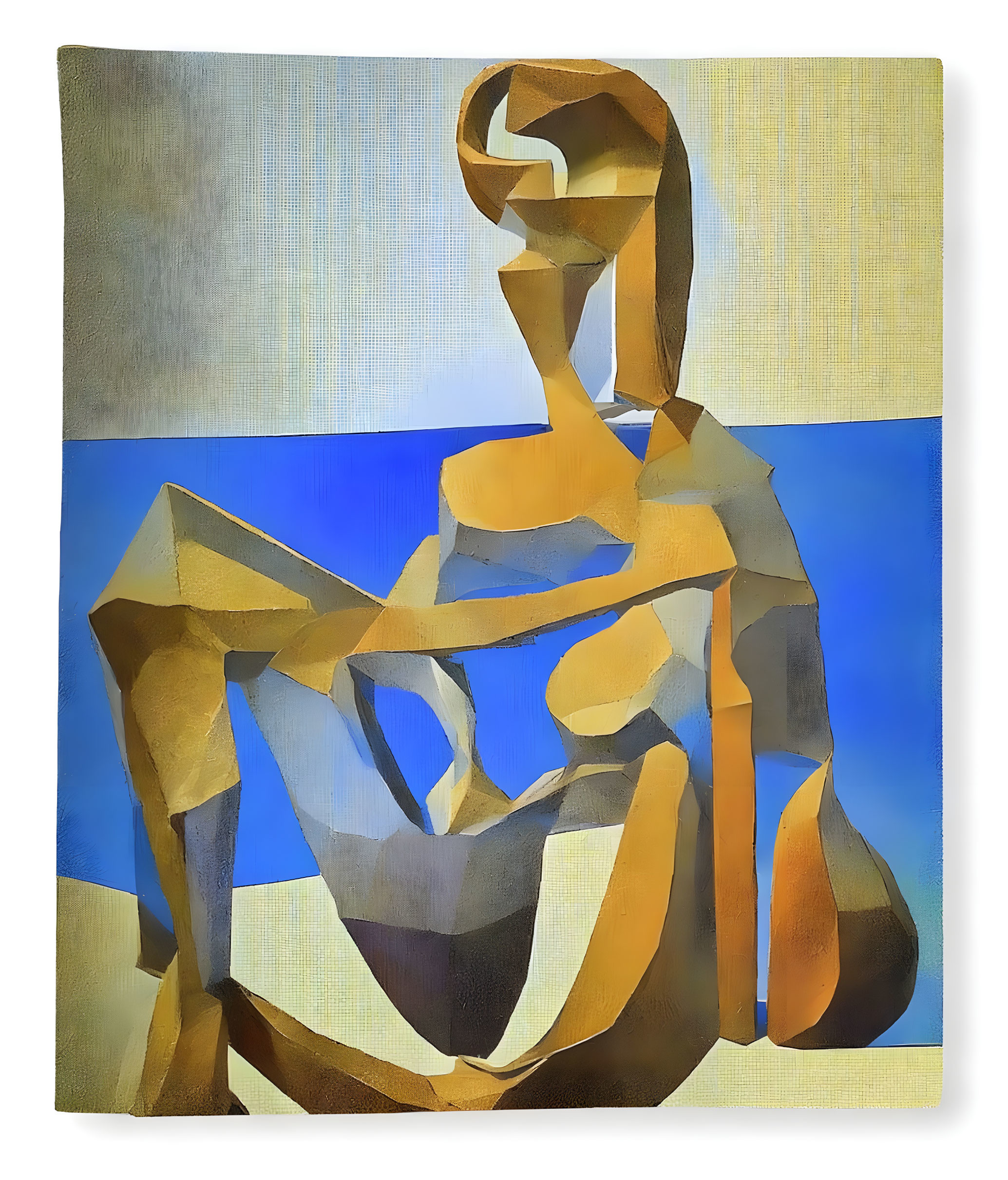 Cubist-style Abstract Painting with Fragmented Figure in Gold and Blue