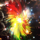 Colorful nebula with red, green, and yellow hues in cosmic phoenix motif