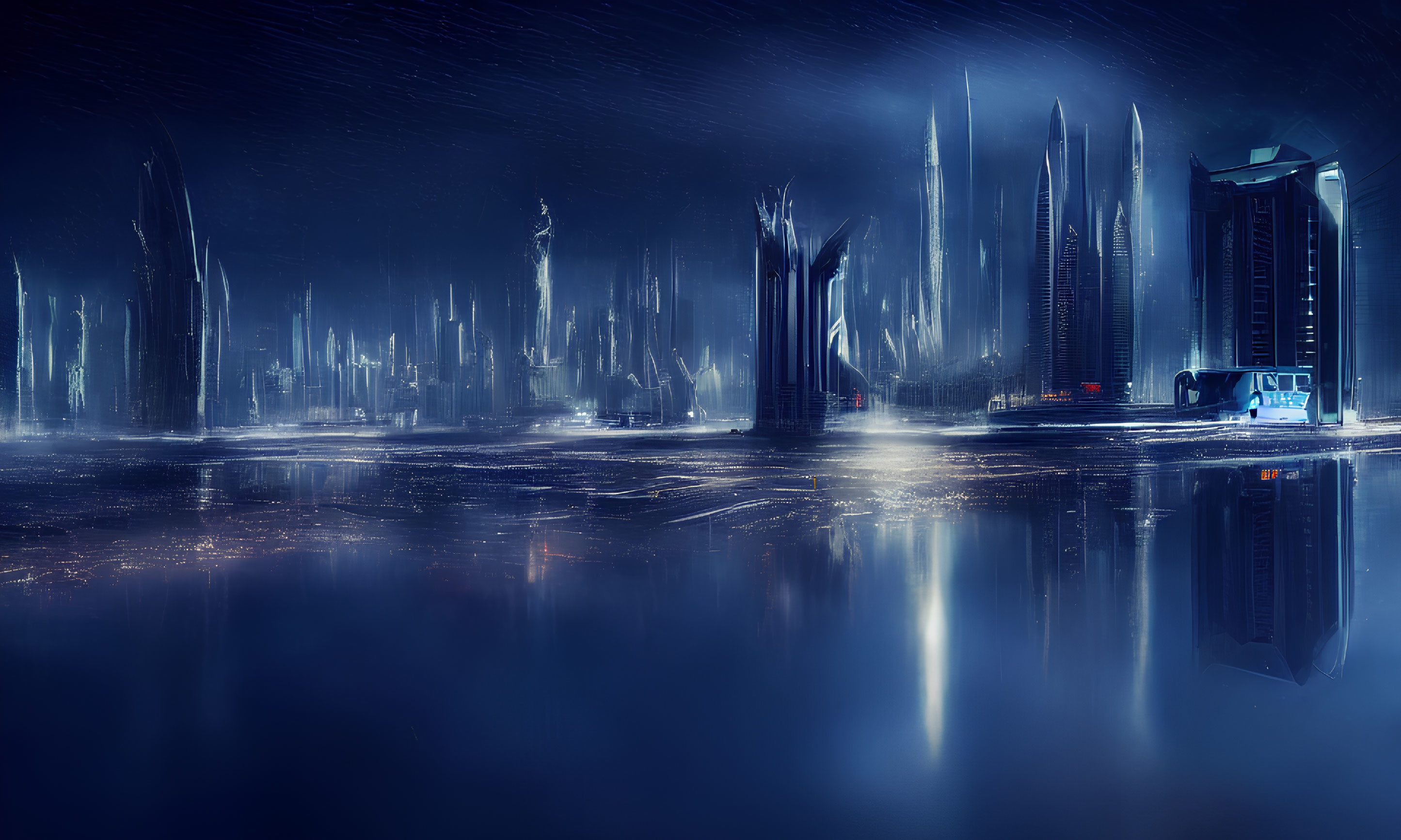 Futuristic night cityscape with skyscrapers and rain in blue ambiance