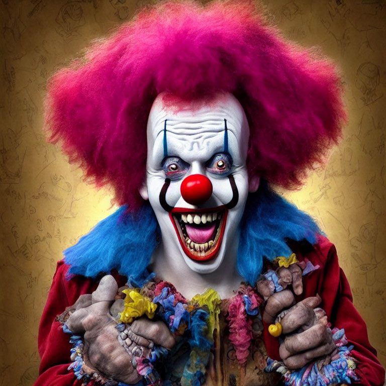 Colorful Clown with Red and Pink Afro and White Face Paint Smiling at Camera