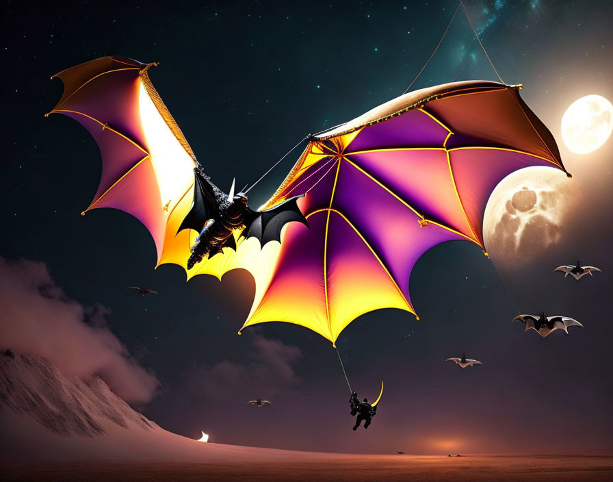 Person hang gliding at night with large bat under starry sky