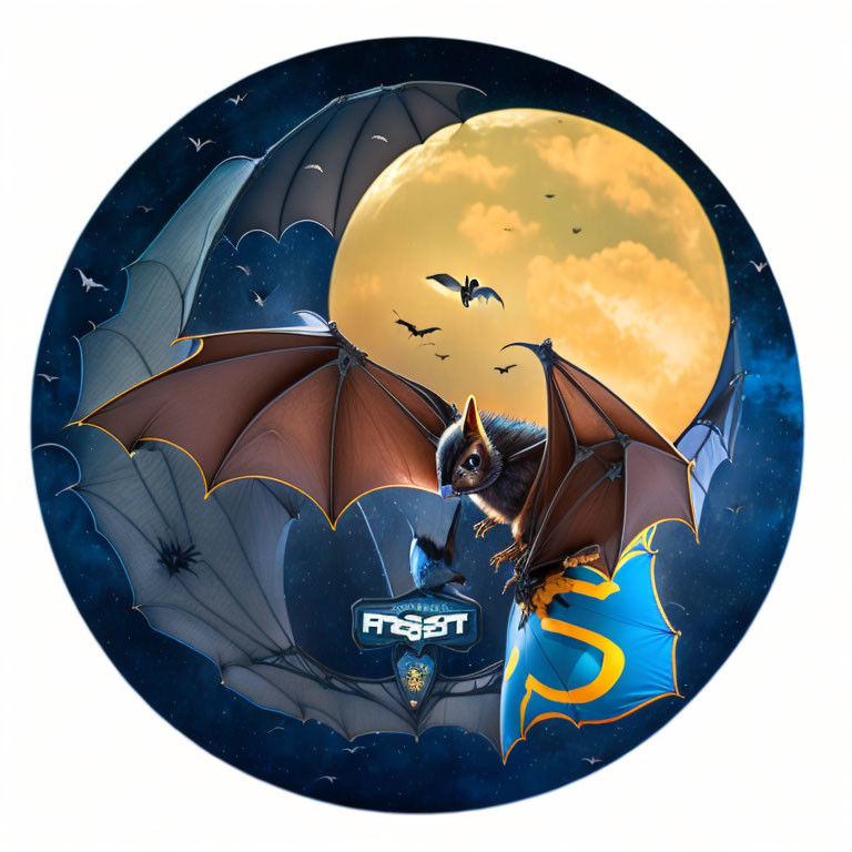 Stylized bats and superhero emblem under full moon