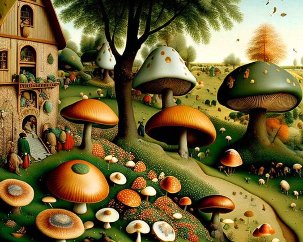 Colorful Fantasy Landscape with Oversized Mushrooms & Tiny Houses
