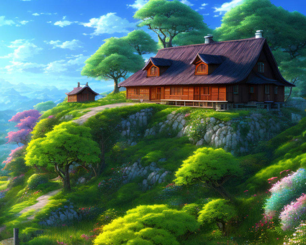 Wooden house on lush hill with vibrant flowers and blue sky