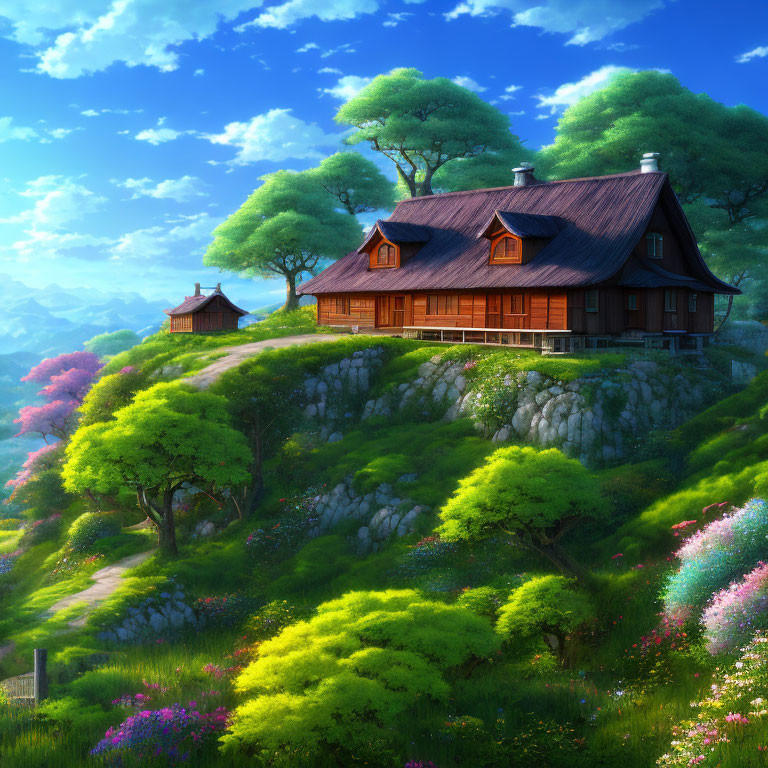 Wooden house on lush hill with vibrant flowers and blue sky