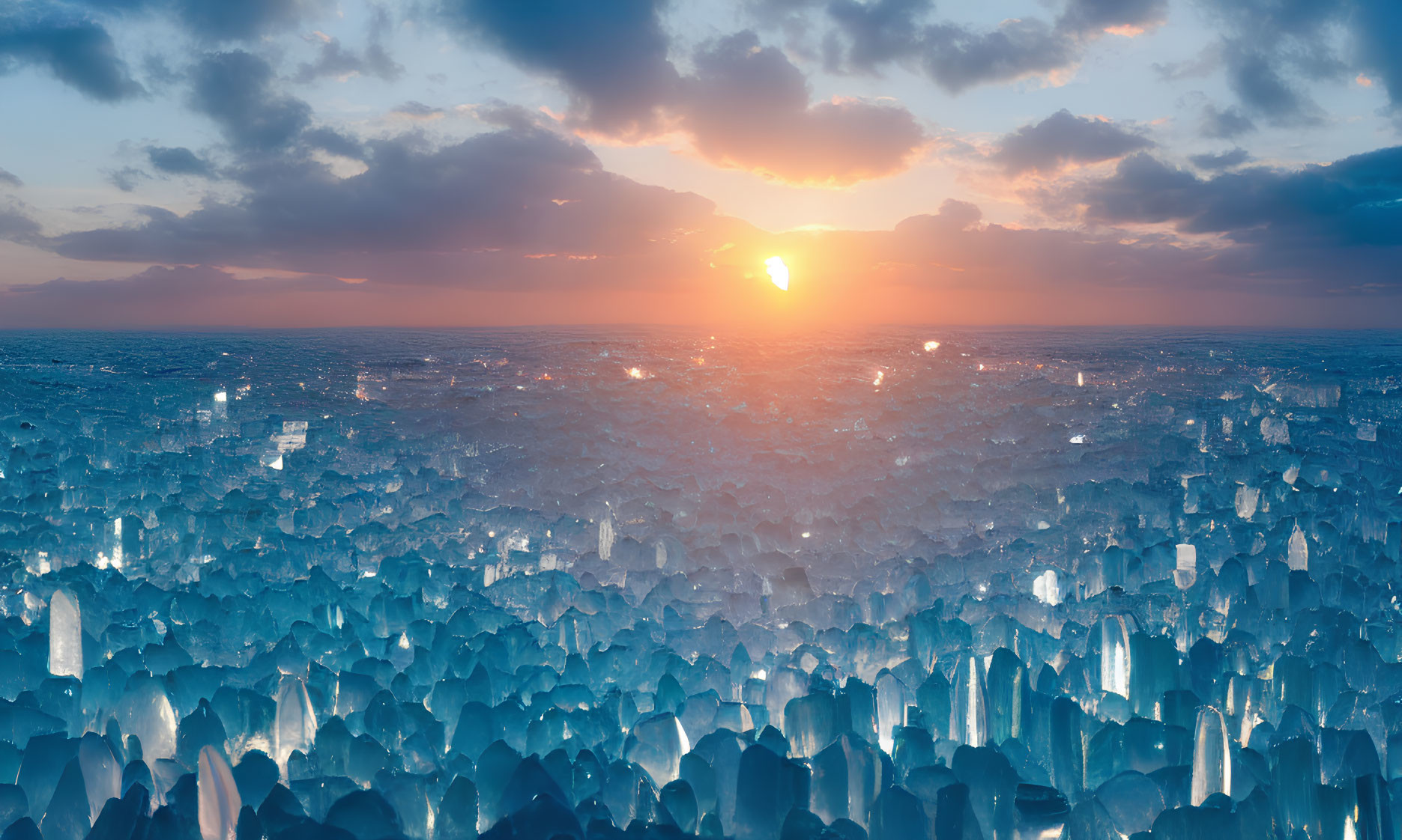 Vibrant sunset over crystal landscape with piercing light rays