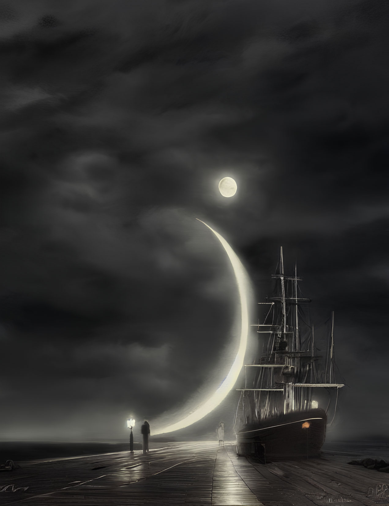 Surreal image of crescent moon pathway to ship on dark night