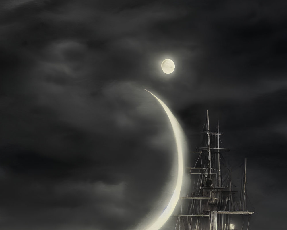 Surreal image of crescent moon pathway to ship on dark night