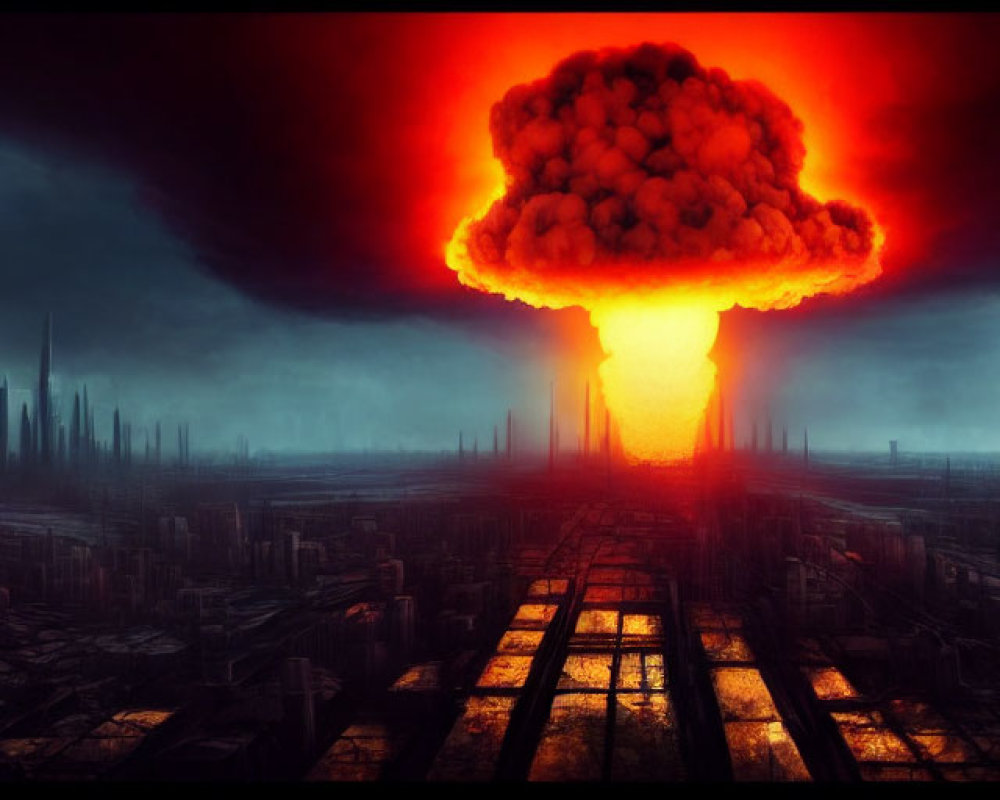 Futuristic cityscape with towering skyscrapers and fiery mushroom cloud.