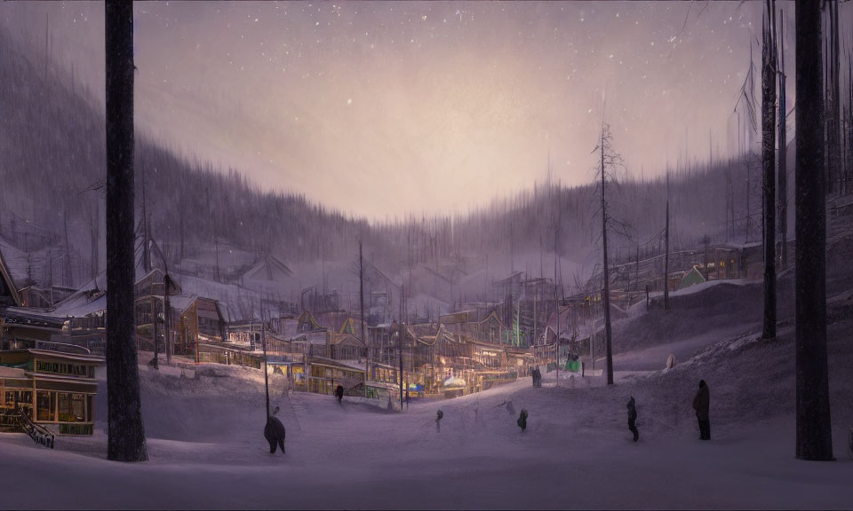 Snowy village at twilight with warmly lit buildings and figures walking among trees.