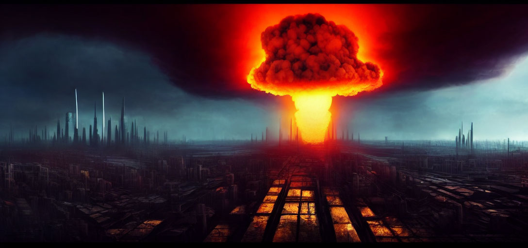 Futuristic cityscape with towering skyscrapers and fiery mushroom cloud.