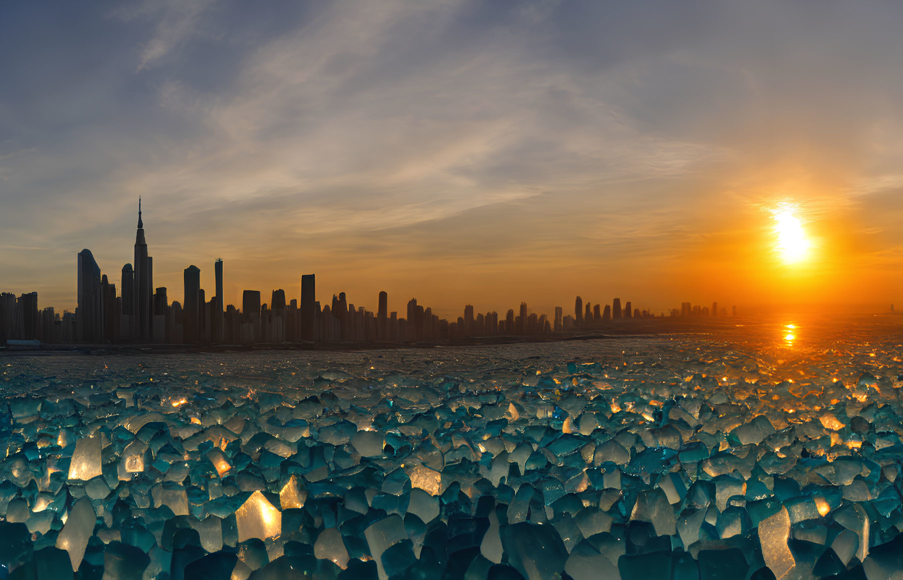 City skyline sunset with water reflections and scattered ice