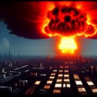 Futuristic cityscape with towering skyscrapers and fiery mushroom cloud.