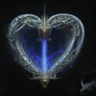 Intricate Heart-Shaped Emblem with Mirrored Dragons and Blue Energy Core