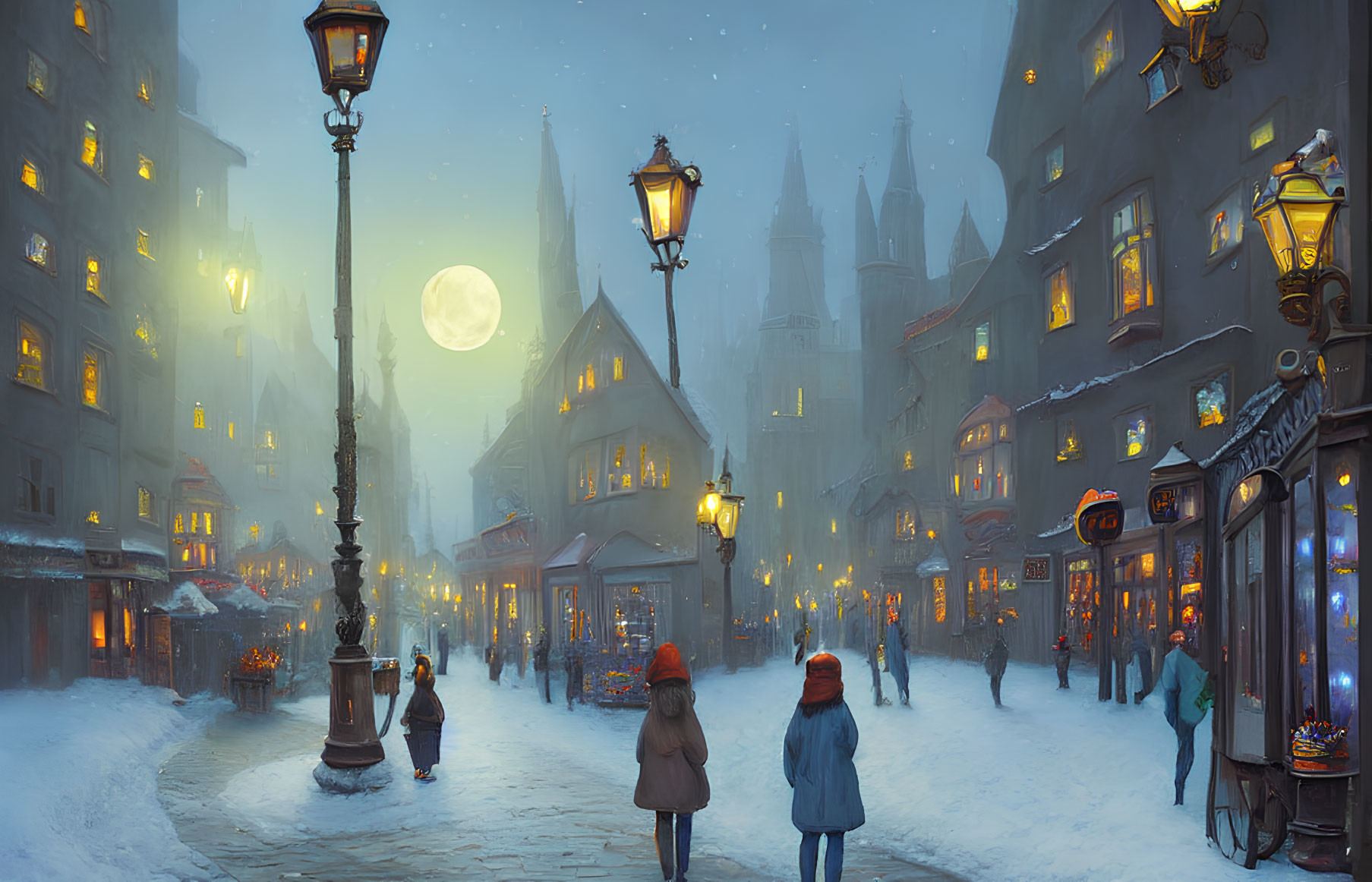 Snowy evening street scene with warm street lamps, full moon, and people walking.