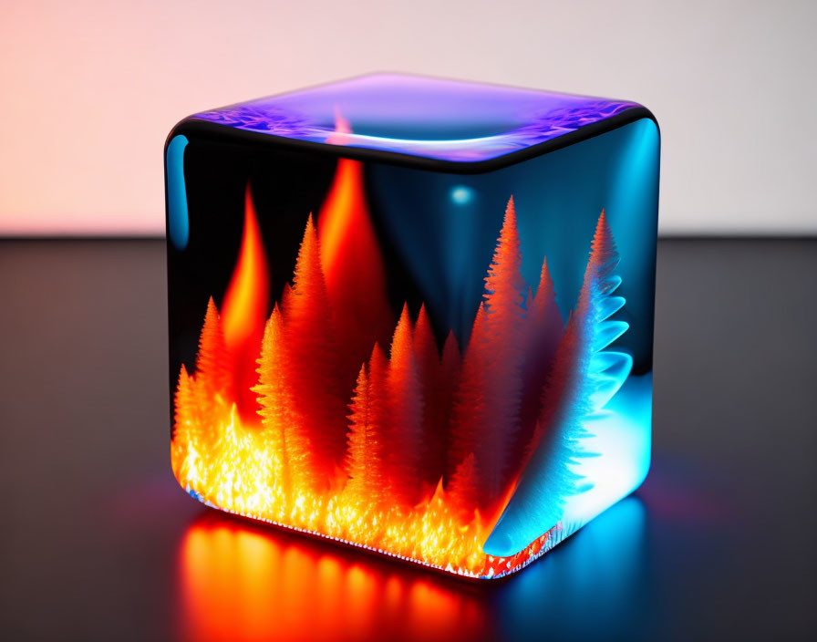 Cube-shaped Object with Fire and Ice Visual Effect in Vibrant Colors