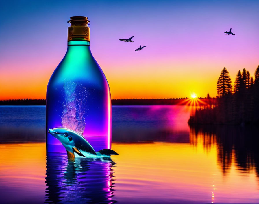 Surreal sunset scene with glowing bottle on calm lake, galaxy, leaping dolphin, and sil