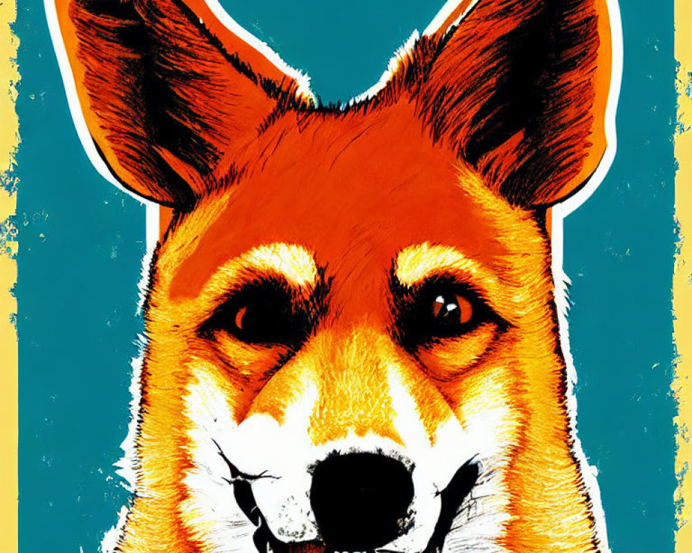 Detailed Corgi Head Illustration on Teal Background