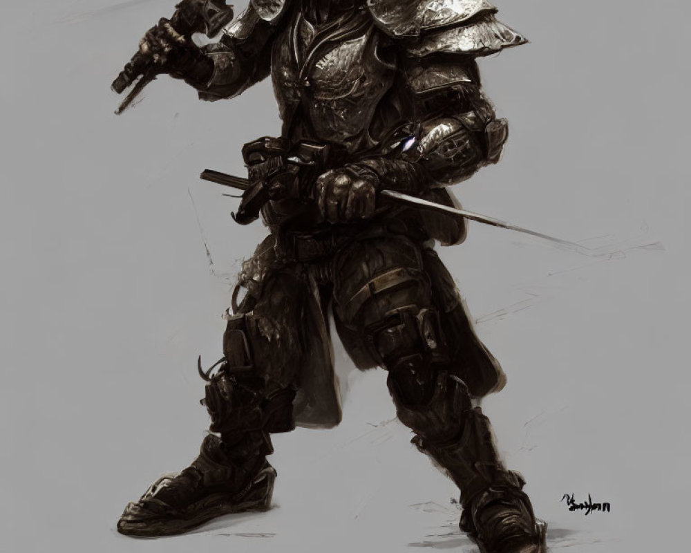 Menacing knight in full armor with sword and futuristic gun