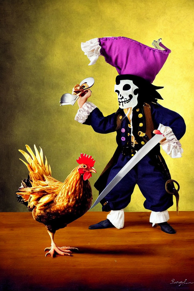 Skeleton Pirate in Purple Hat and Coat Chasing Rooster with Saber and Mask