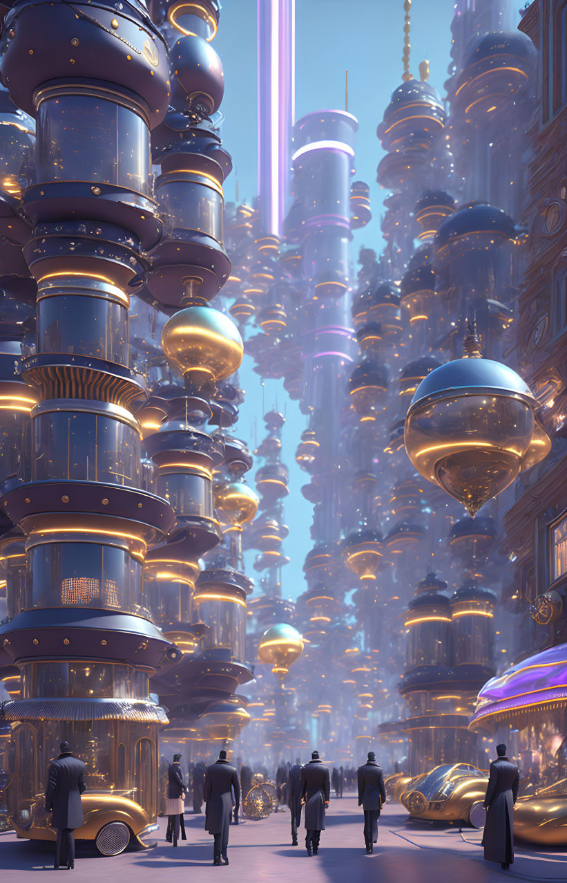 Futuristic cityscape with towering cylindrical structures and floating orbs.