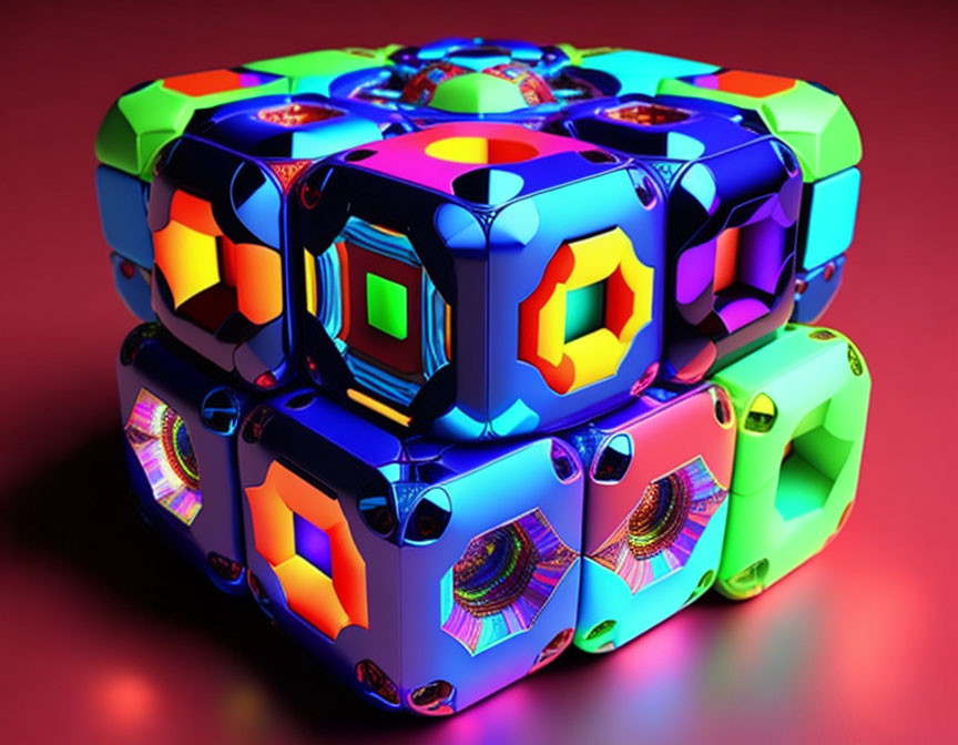 Vibrant 3D-rendered puzzle cube with geometric design on red background