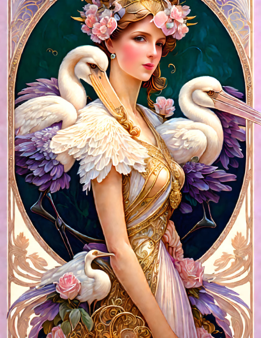 Floral headband woman with swans in art nouveau style