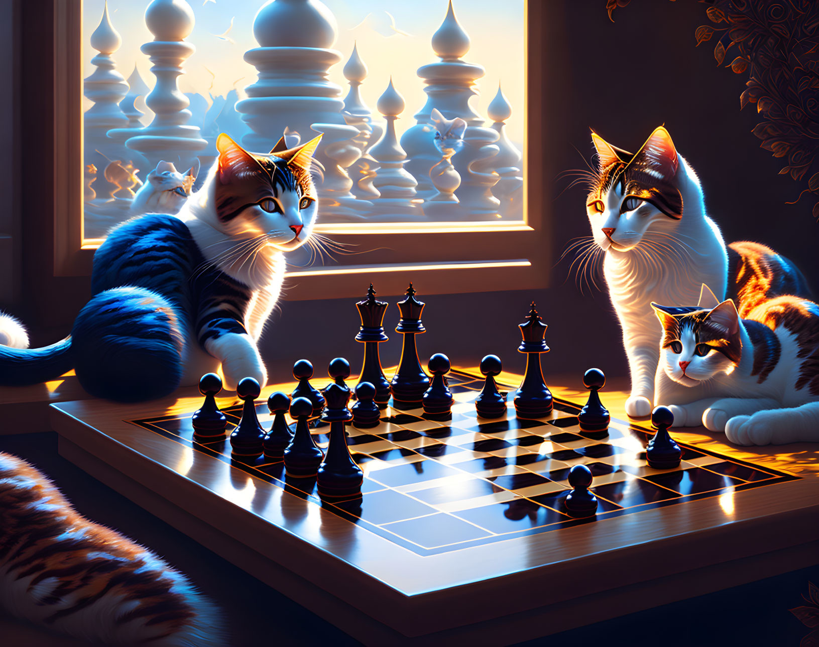 Four Cats with Crowns Playing Chess in Sunlight