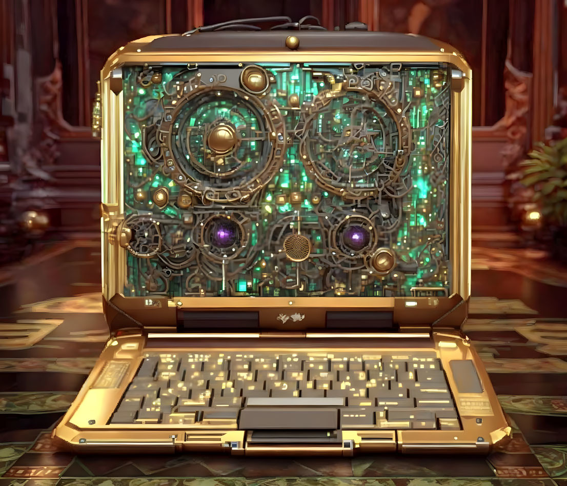 Steampunk-Inspired Laptop with Gold Casing and Gear Patterns