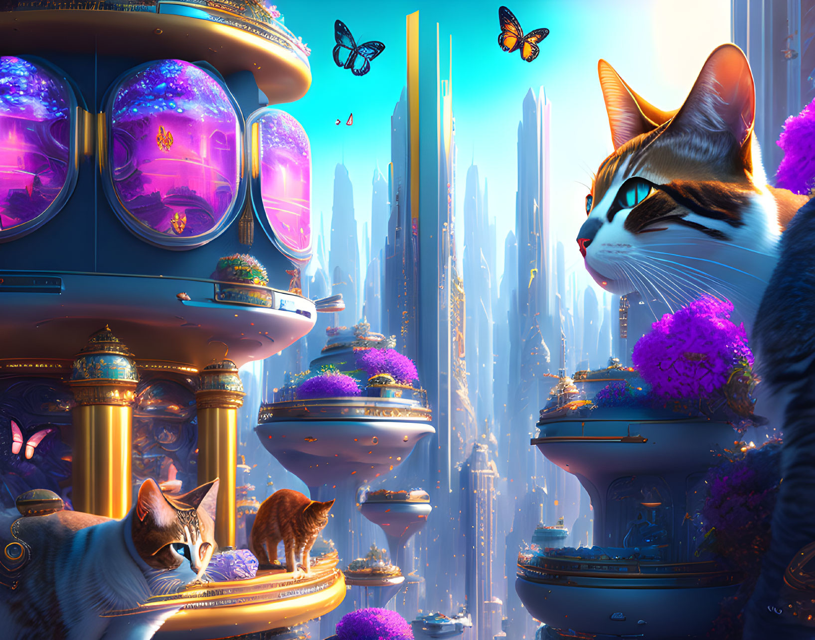 Futuristic cityscape with oversized butterflies and cats in vibrant setting