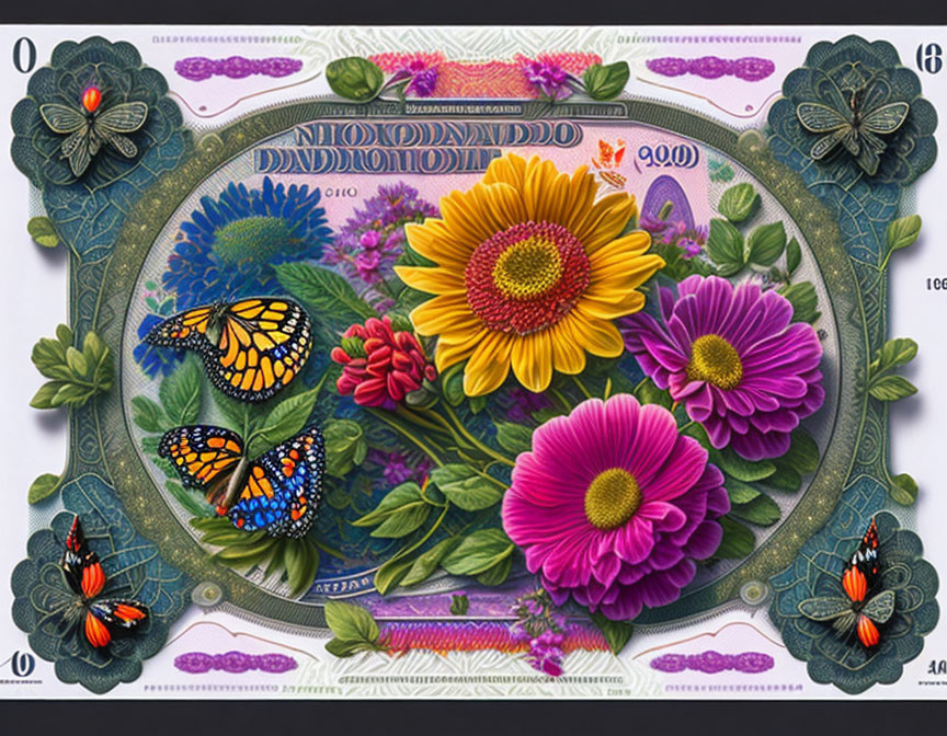 Vibrant banknote art with floral, butterfly, and ornamental motifs at 900 value