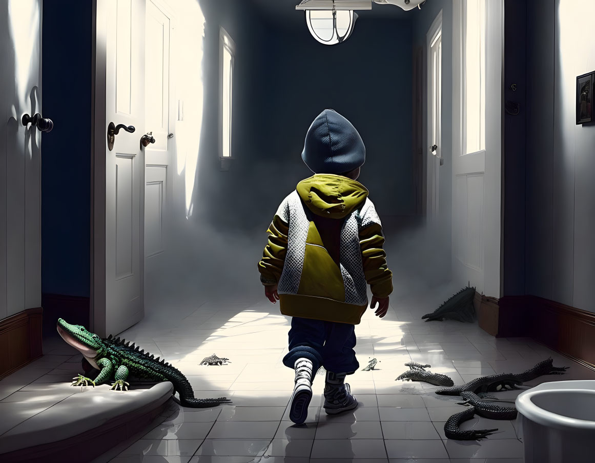 Child in Hoodie Standing in Hallway Surrounded by Toy Crocodiles