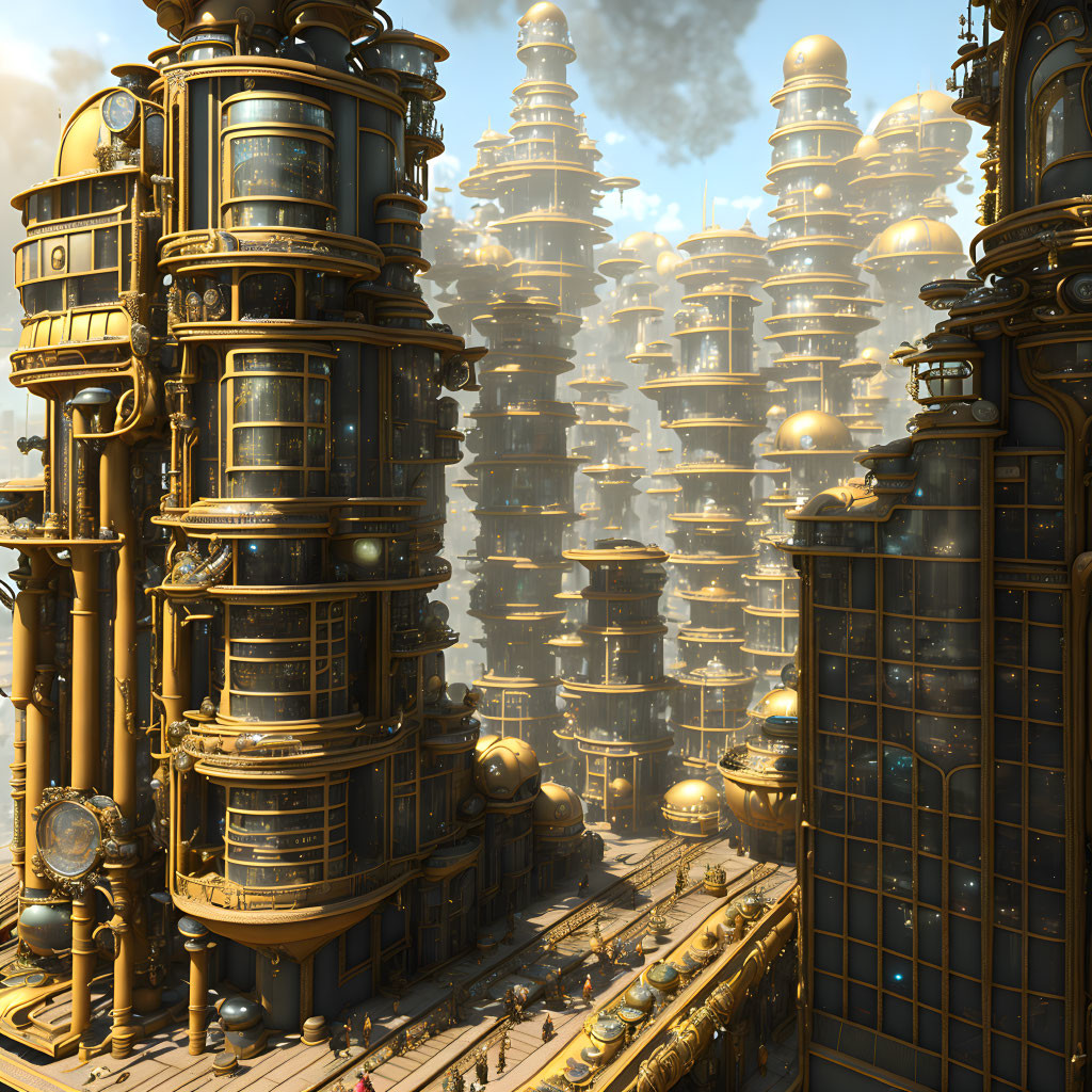 Golden steampunk cityscape with intricate machinery and towering architecture in cloudy sky