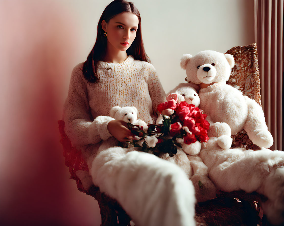 Woman in Cozy Sweater with Teddy Bears and Red Flowers