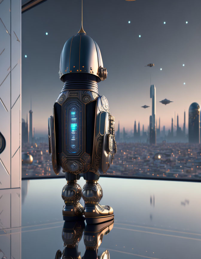 Intricate futuristic robot overlooking cityscape at dusk